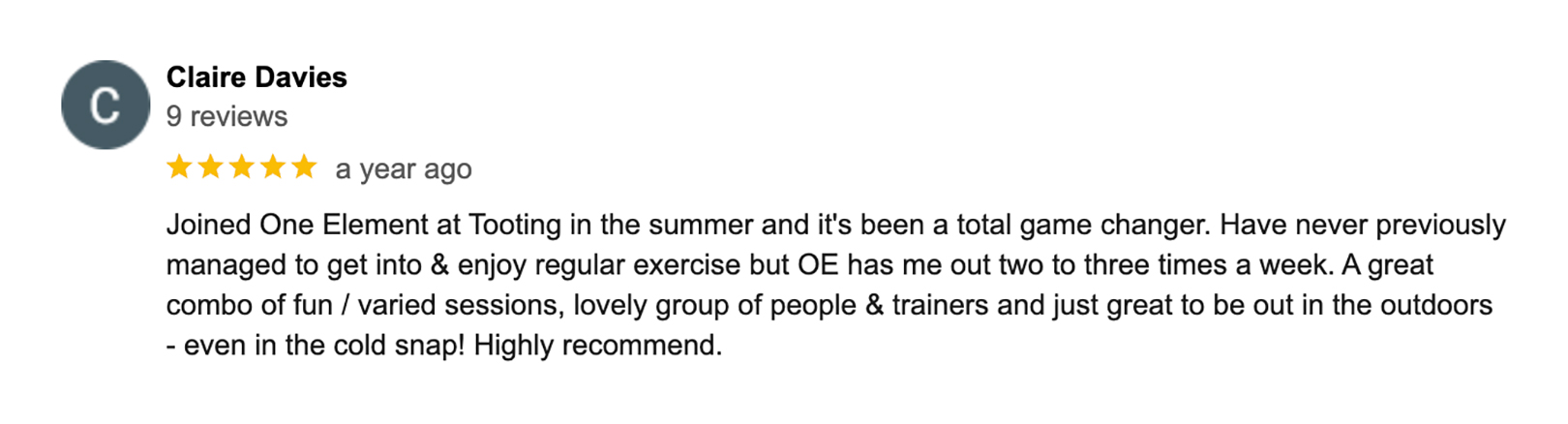 Google review from OE member after taking part in the outdoor fitness challenge