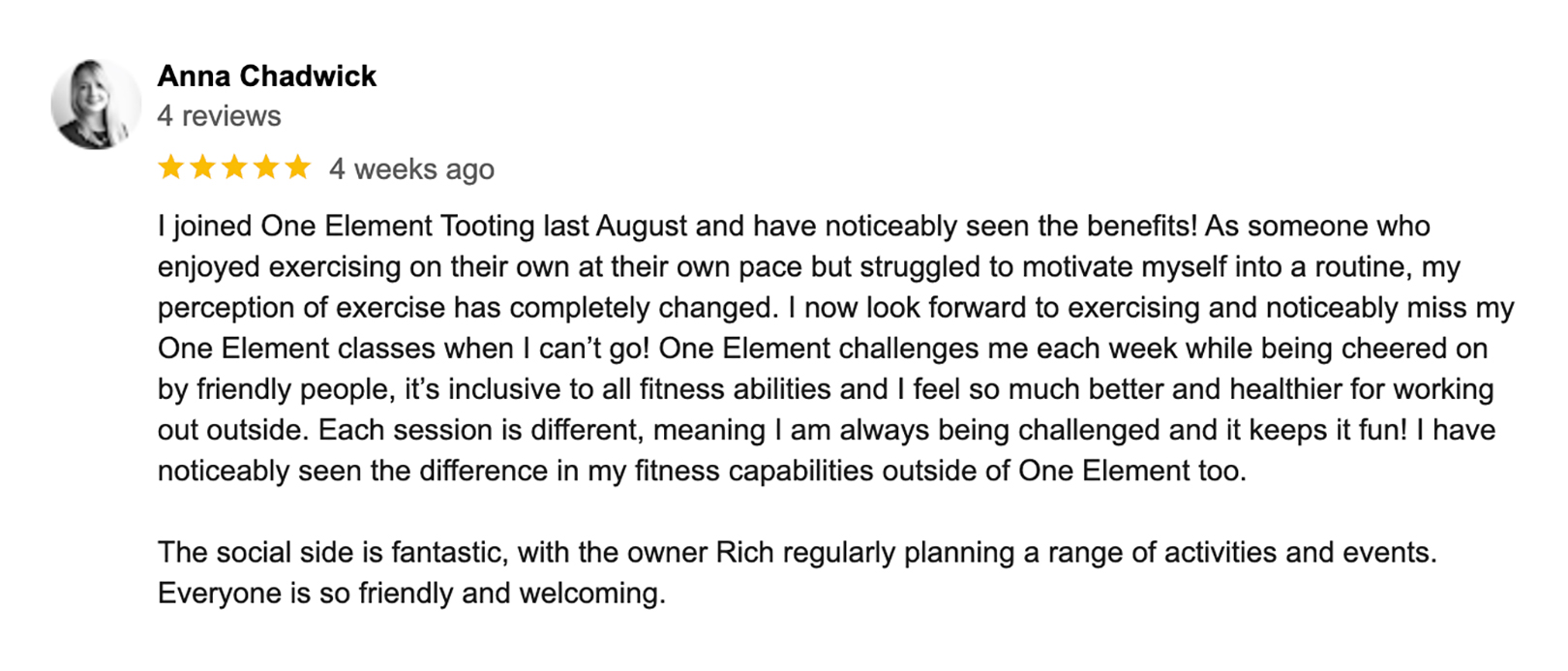 Google review from OE member after taking part in the outdoor fitness challenge