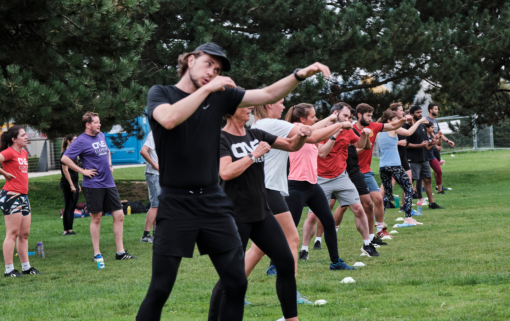 OE members completing a boxing set during the outdoor fitness challenge
